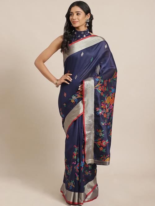 navy silk woven saree with blouse - 17562967 - Standard Image - 1