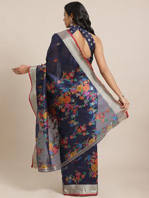 navy silk woven saree with blouse - 17562967 - Standard Image - 2