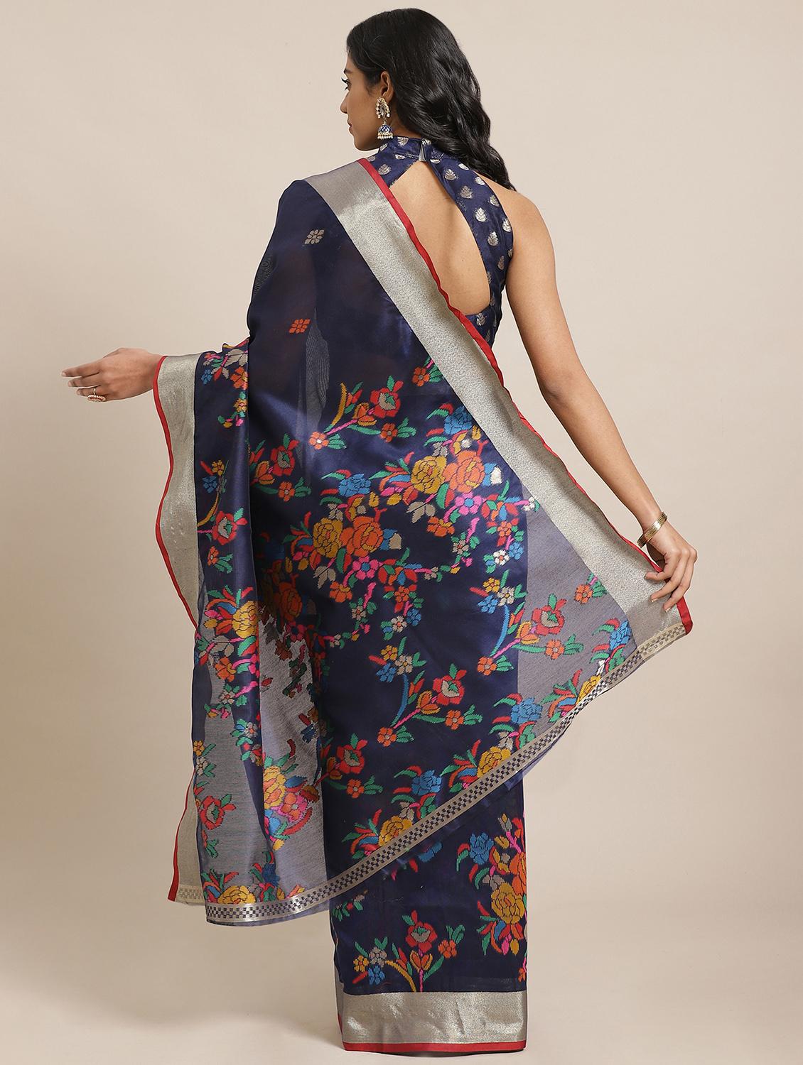 navy silk woven saree with blouse - 17562967 - Zoom Image - 2