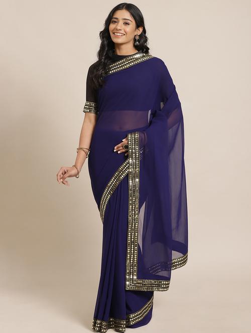 navy georgette bordered saree with blouse - 17562968 - Standard Image - 1