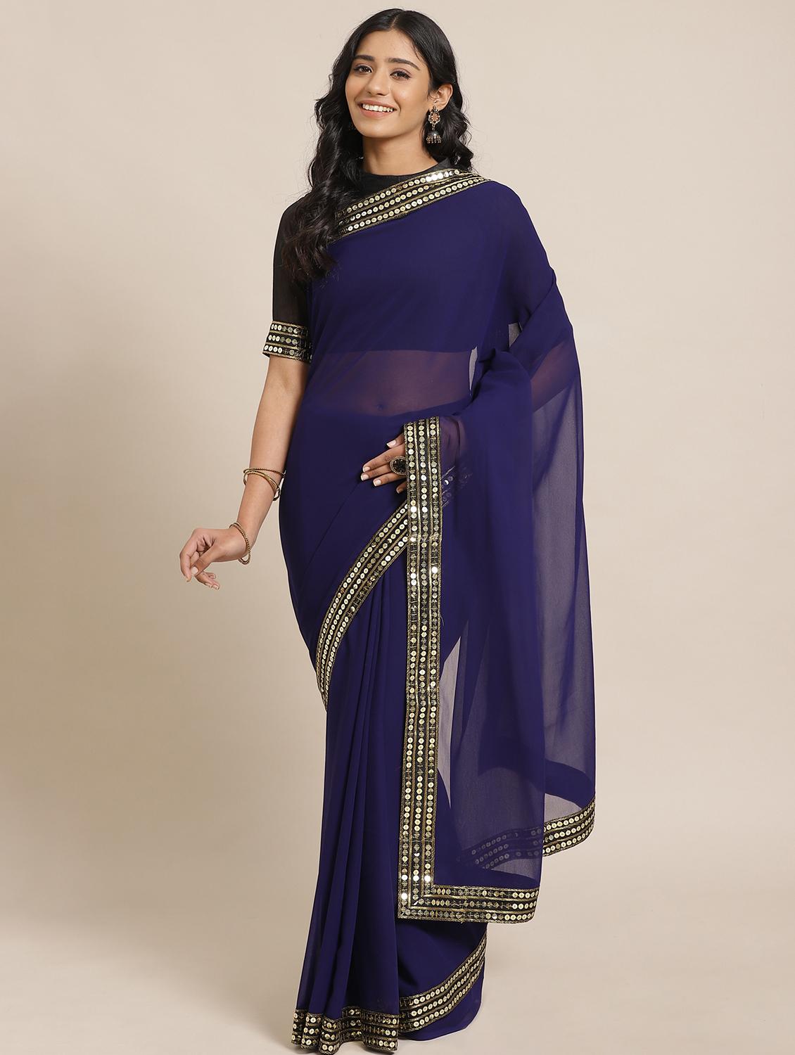 navy georgette bordered saree with blouse - 17562968 - Zoom Image - 1