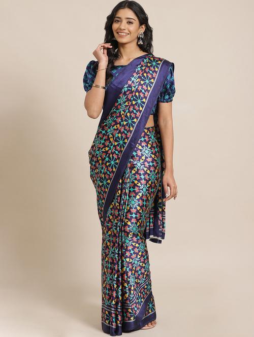 navy crepe printed saree with blouse - 17562969 - Standard Image - 1