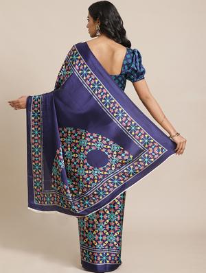 navy crepe printed saree with blouse - 17562969 - Standard Image - 2