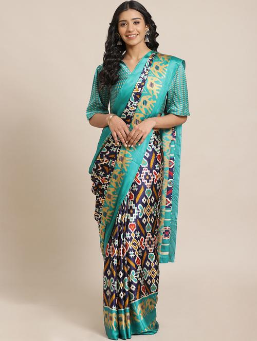 navy crepe printed saree with blouse - 17562970 - Standard Image - 1