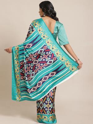 navy crepe printed saree with blouse - 17562970 - Standard Image - 2