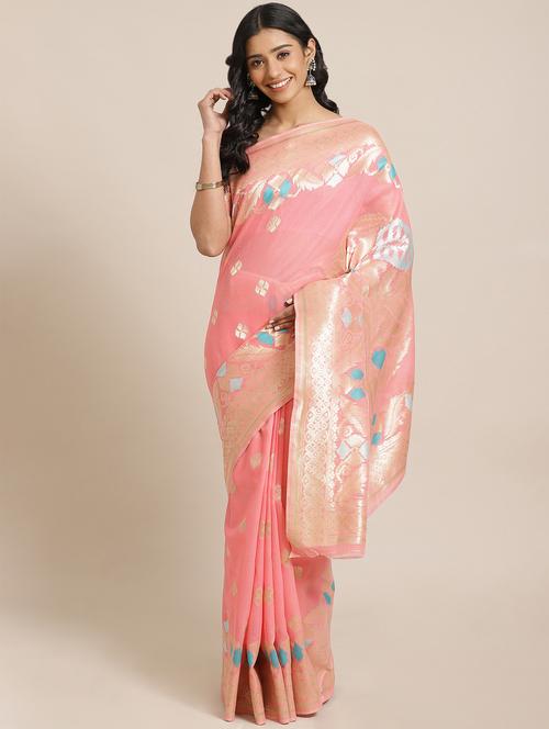 peach linen woven saree with blouse - 17562981 - Standard Image - 1
