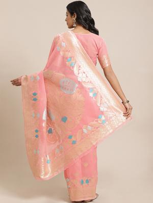 peach linen woven saree with blouse - 17562981 - Standard Image - 2