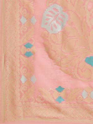 peach linen woven saree with blouse - 17562981 - Standard Image - 4