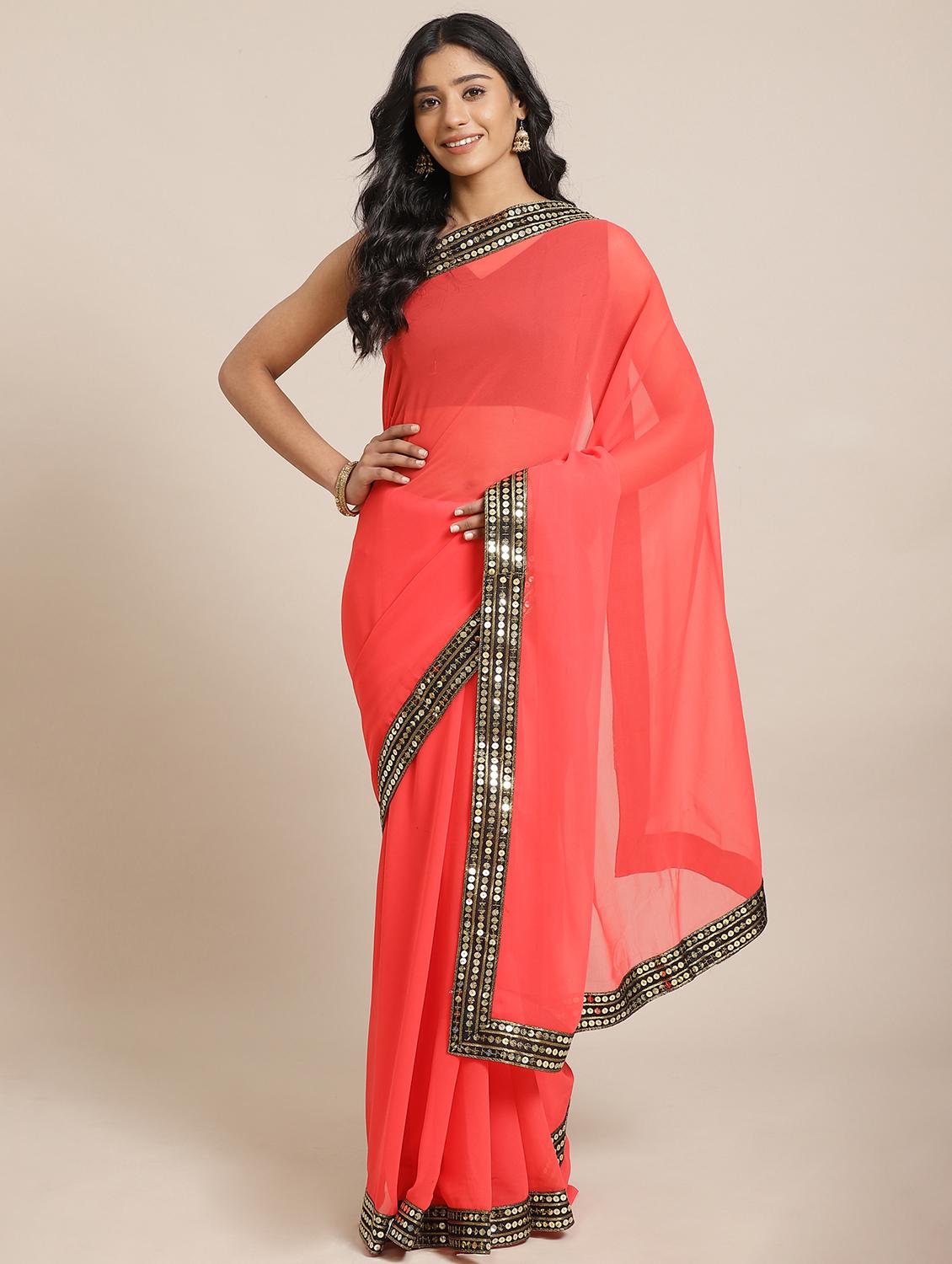 solid bordered saree with blouse - 17562982 - Zoom Image - 1