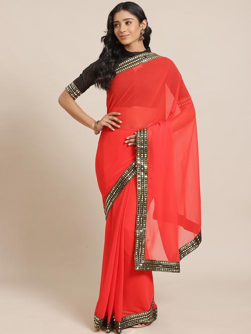 solid bordered saree with blouse - 17563008 - Standard Image - 1