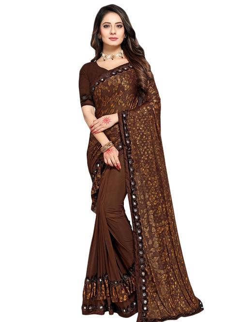 foil print ruffled saree with blouse - 17563192 - Standard Image - 1