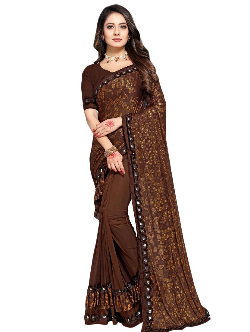 foil print ruffled saree with blouse - 17563192 - Zoom Image - 1