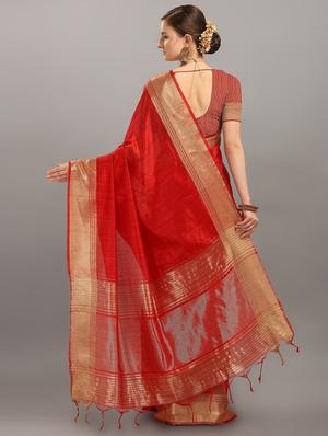 red tussar silk saree with blouse - 17567908 - Standard Image - 2