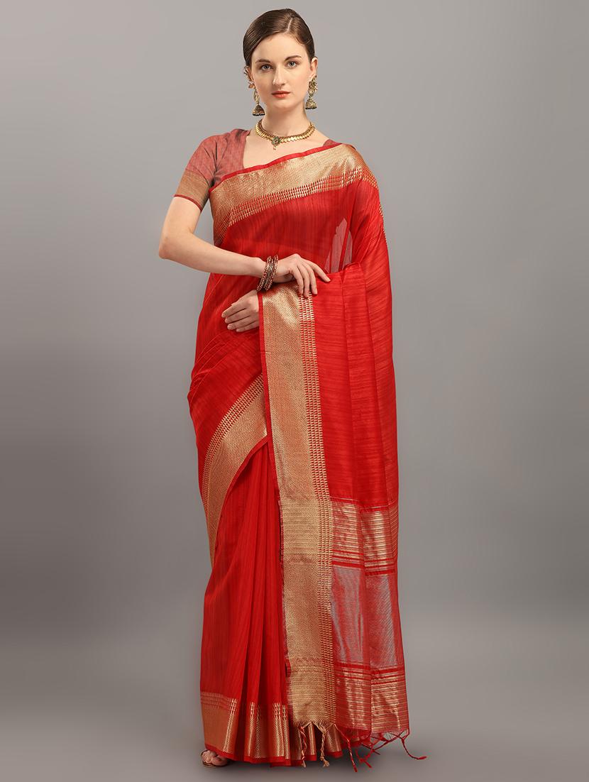 red tussar silk saree with blouse - 17567908 - Zoom Image - 1