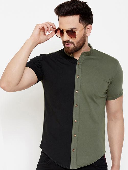 olive green color block casual shirt - 17569134 - Very Small Image - 1
