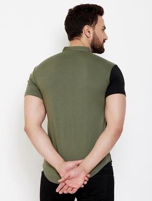 olive green color block casual shirt - 17569134 - Standard Image - 2