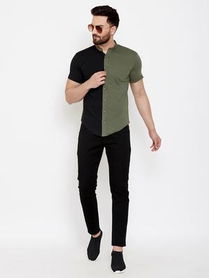 olive green color block casual shirt - 17569134 - Standard Image - 3
