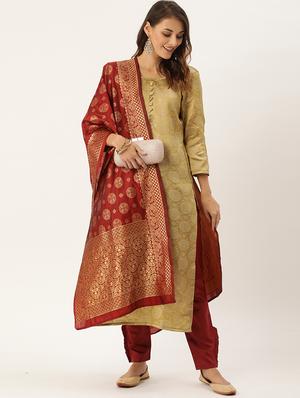 beige silk straight pant suits unstitched suit - 17569520 - Standard Image - 2