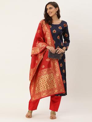 blue silk straight pant suits unstitched suit - 17569526 - Standard Image - 2