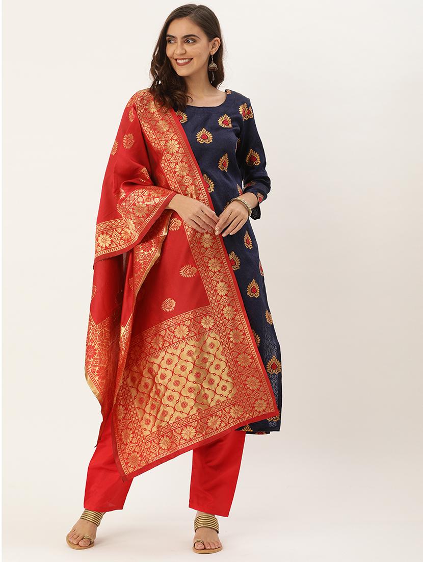 blue silk straight pant suits unstitched suit - 17569526 - Zoom Image - 1