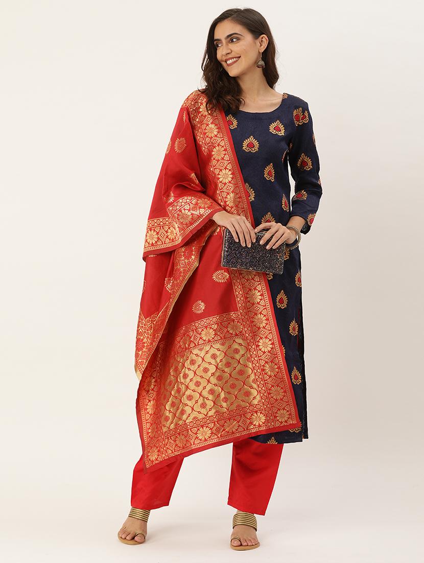 blue silk straight pant suits unstitched suit - 17569526 - Zoom Image - 2