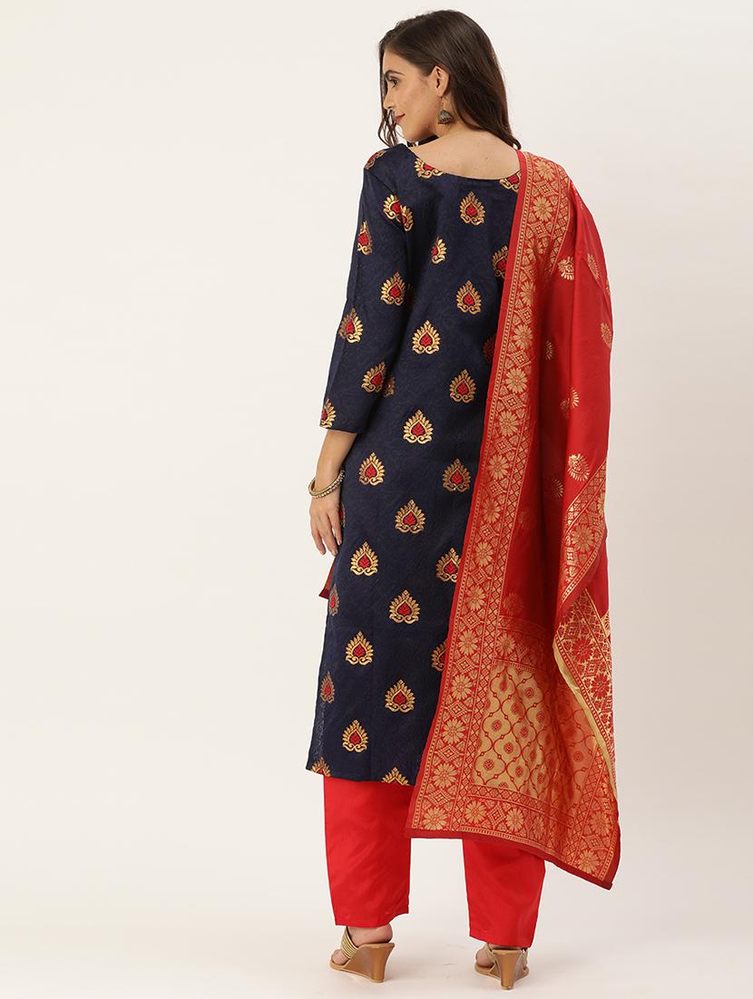 blue silk straight pant suits unstitched suit - 17569526 - Zoom Image - 4