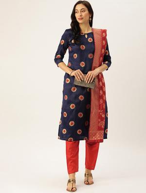 blue silk straight pant suits unstitched suit - 17569536 - Standard Image - 2