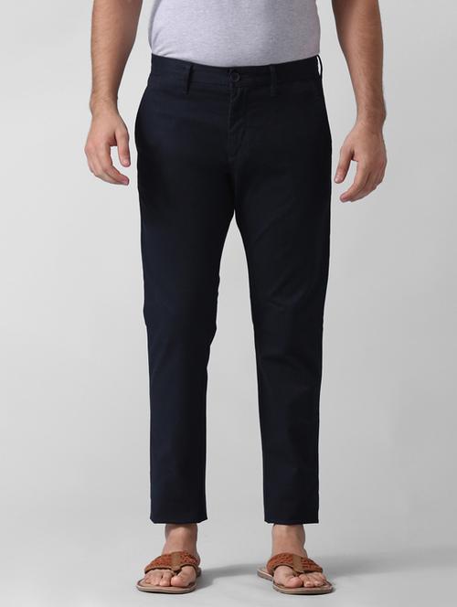navy blue checkered flat front casual trouser - 17570820 - Standard Image - 1