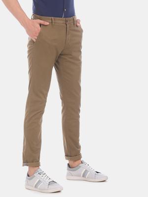 khaki solid flat front casual trouser - 17570821 - Standard Image - 2