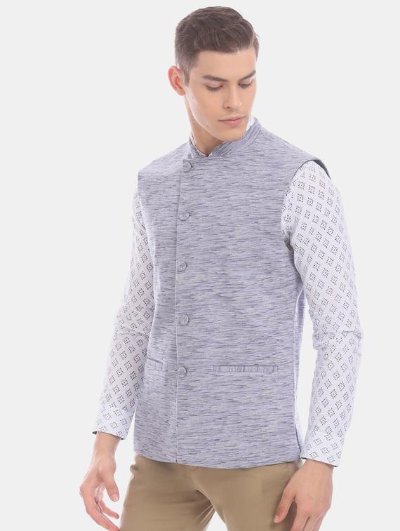 blue self design nehru jacket - 17571043 - Zoom Image - 1