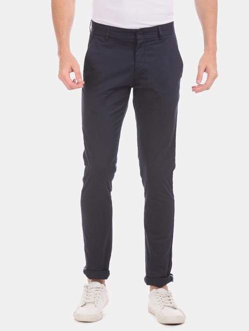 navy blue solid flat front casual trouser - 17571078 - Standard Image - 1