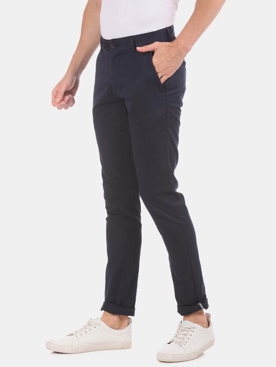 navy blue solid flat front casual trouser - 17571078 - Zoom Image - 2