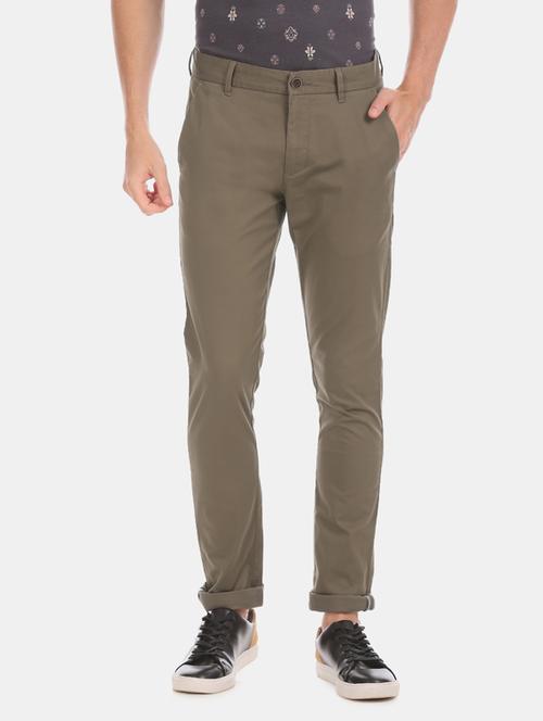 olive green solid flat front casual trouser - 17571079 - Standard Image - 1