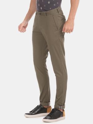 olive green solid flat front casual trouser - 17571079 - Standard Image - 2