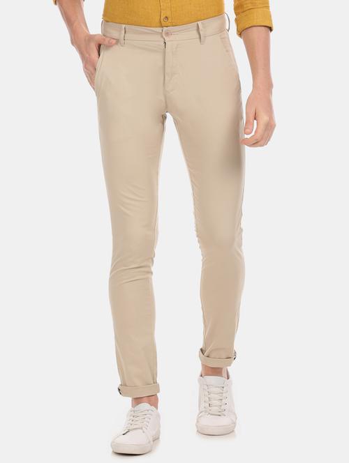 beige solid flat front casual trouser - 17571080 - Standard Image - 1