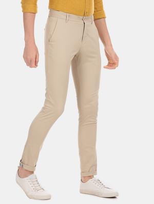 beige solid flat front casual trouser - 17571080 - Standard Image - 2