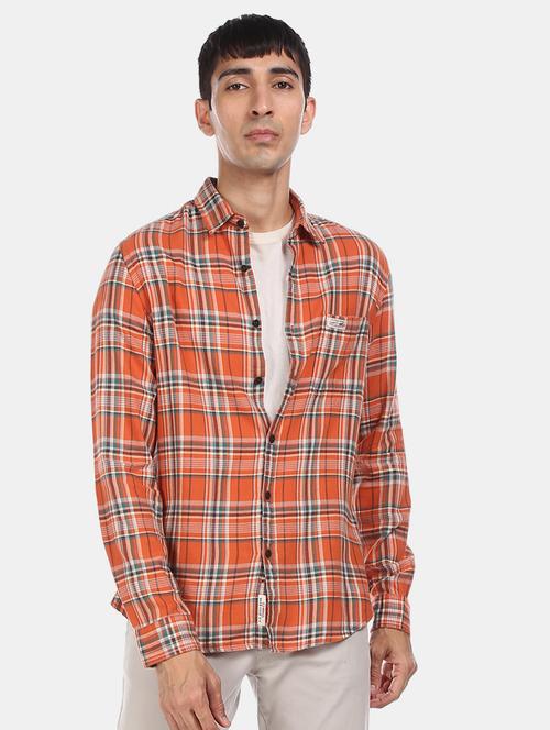 orange checkered casual shirt - 17571315 - Very Small Image - 1