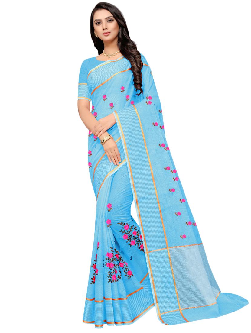 floral motifs embroidered saree with blouse - 17571785 - Zoom Image - 1