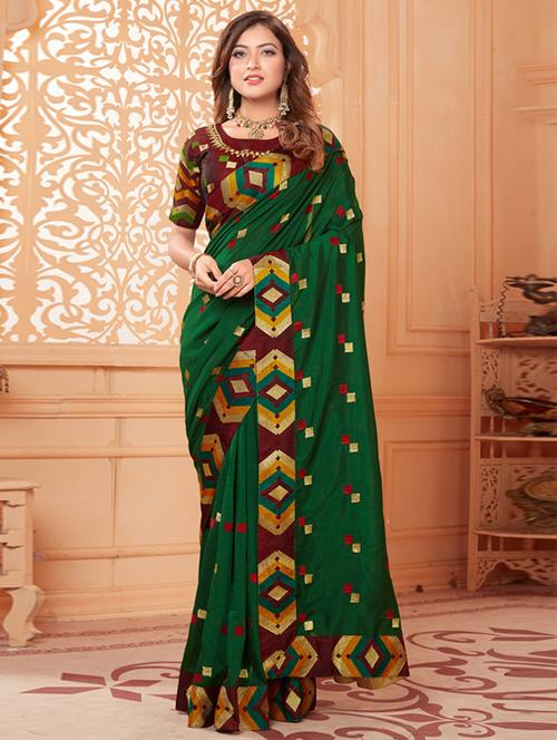 bottle green bordered saree with blouse - 17572977 - Standard Image - 1