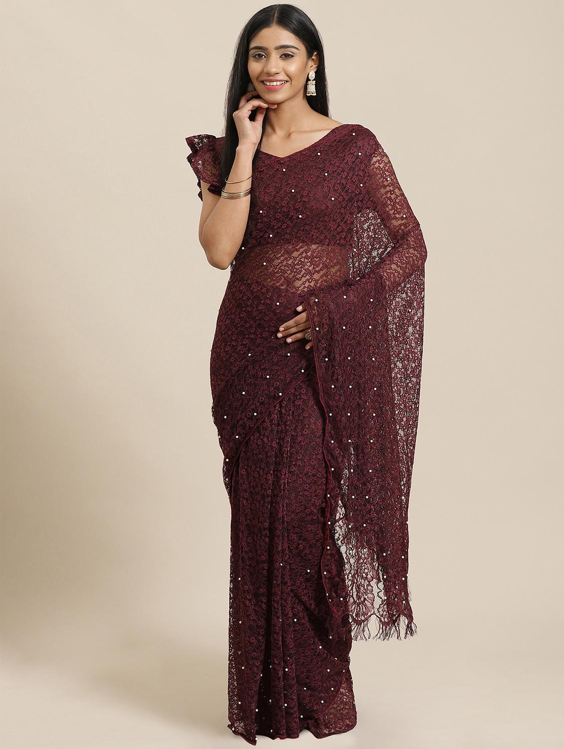 embellished net plain saree with blouse - 17573191 - Zoom Image - 1