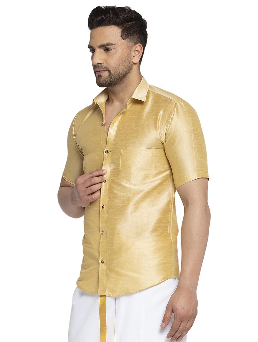 gold solid silk blend casual shirt - 17574061 - Zoom Image - 2