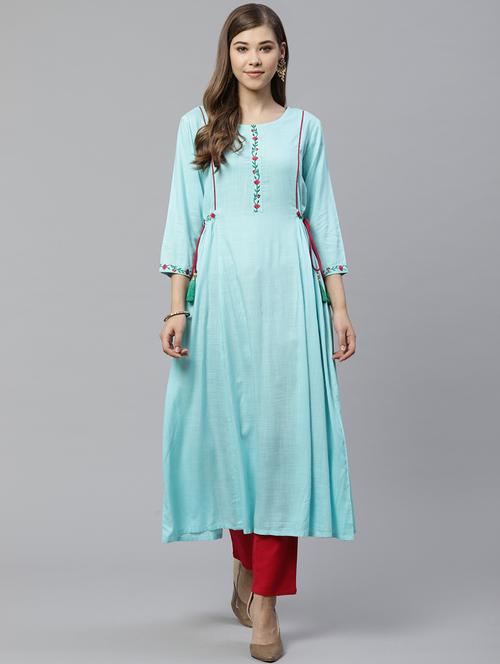 sky blue rayon aline kurta - 17574198 - Standard Image - 1