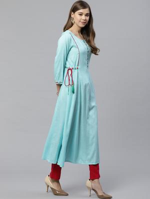 sky blue rayon aline kurta - 17574198 - Standard Image - 2