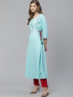 sky blue rayon aline kurta - 17574198 - Standard Image - 3