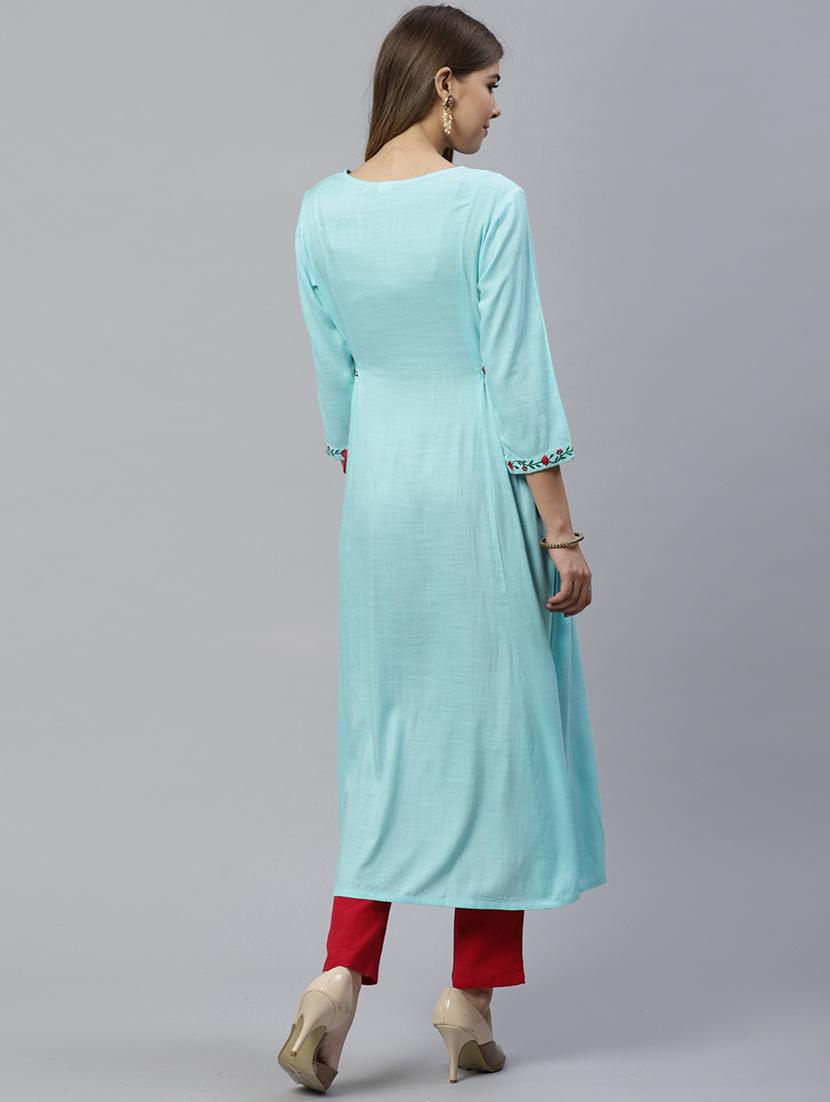 sky blue rayon aline kurta - 17574198 - Zoom Image - 4