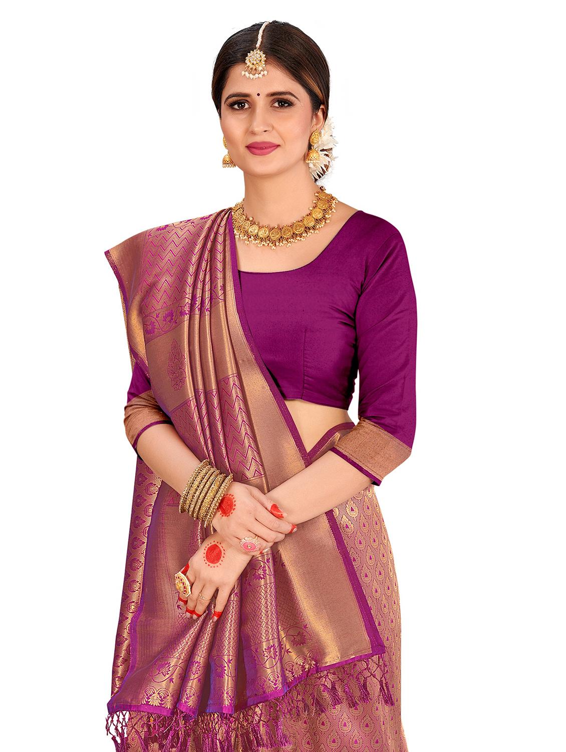deep mpurple kanjivaram saree with blouse - 17574261 - Zoom Image - 3