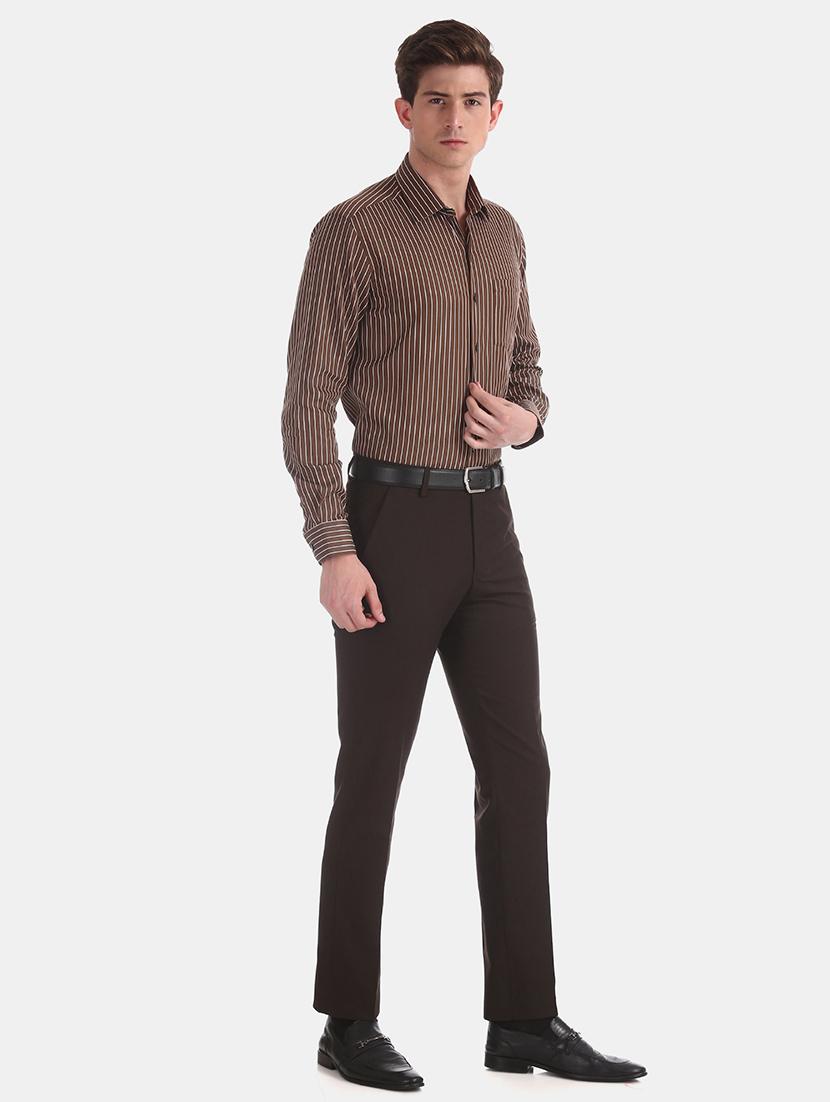 brown solid flat front formal trouser - 17574663 - Zoom Image - 4
