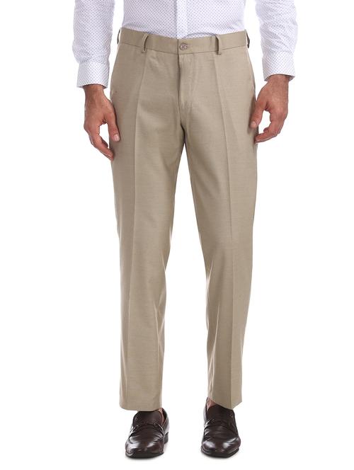 beige solid flat front formal trouser - 17574840 - Standard Image - 1