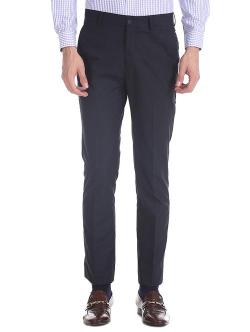navy blue textured flat front formal trouser - 17574854 - Very Small Image - 1