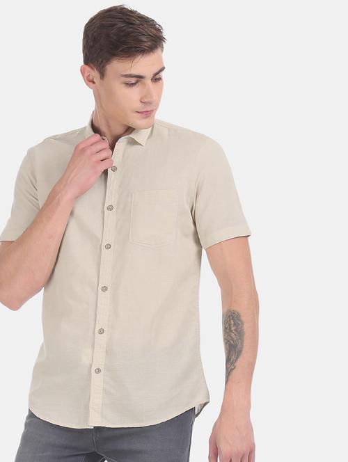 beige solid casual shirt - 17575599 - Standard Image - 1
